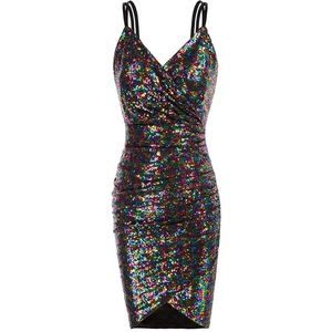 GRACE KARIN Sequin Sparkly Glitter Ruched Party V-Neck Bodycon Dress. Size L